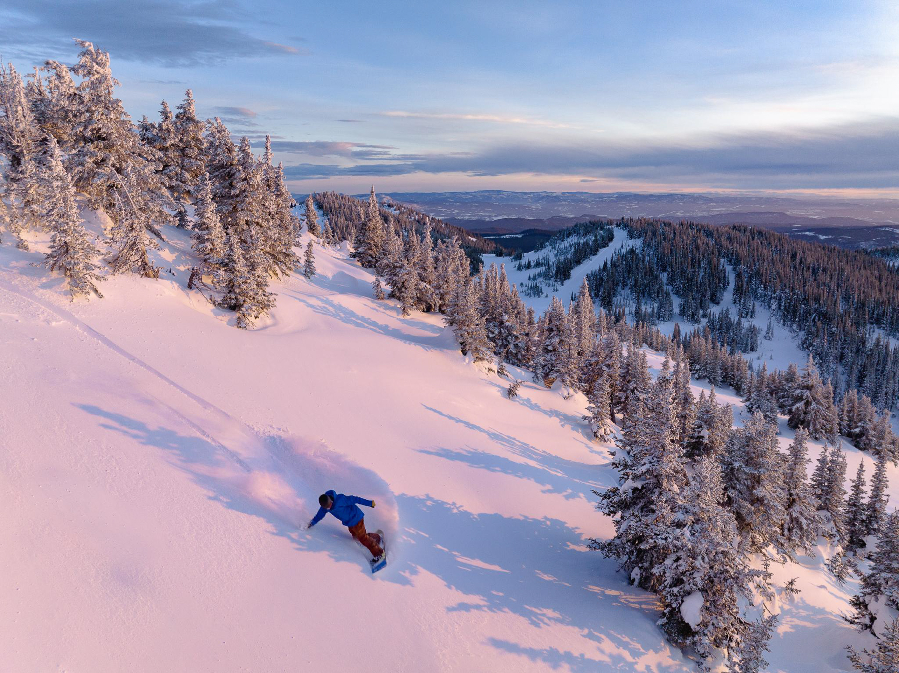 Snowboarder riding down the mountain between trees during sunset