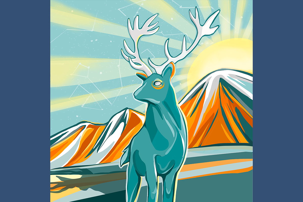 A blue deer with antlers standing in frong or orange mountains