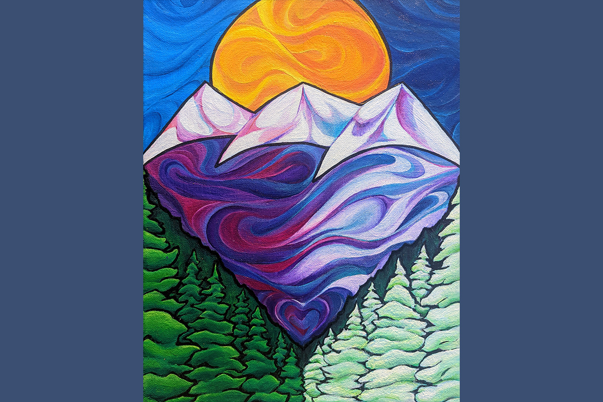Acrylic painting of a yellow sun setting over three snow-capped peaks with a winter and summer forest to either side