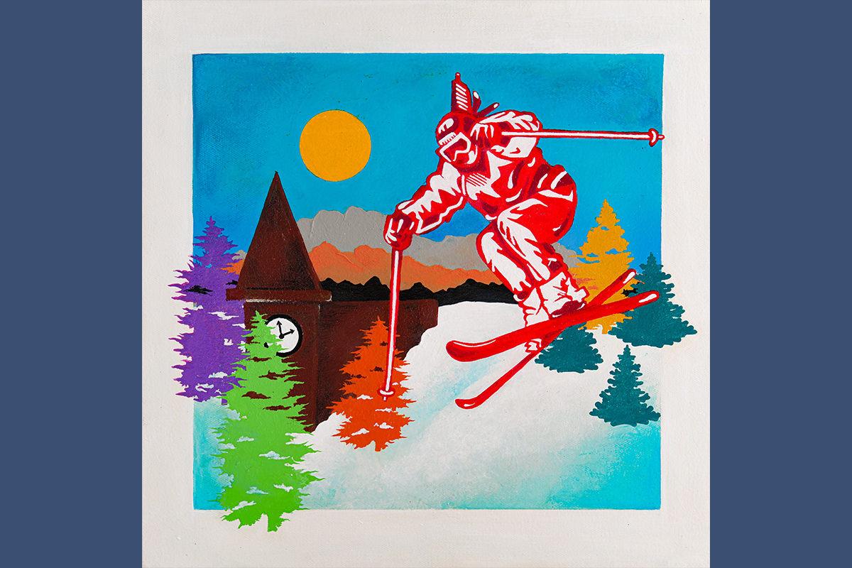 Acrylic artwork of a skier in the air over a winter village with evergreen trees