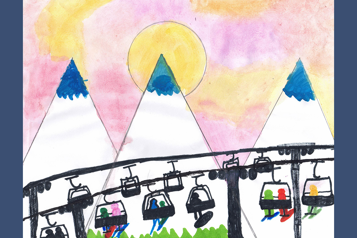 A children's drawing of three mountains with a pink sky and a chairlift full of people