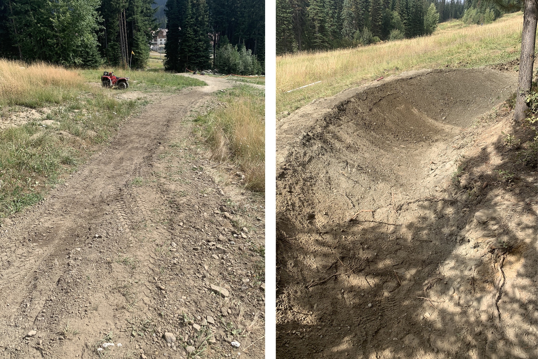 Two photos of clear berms and trails surrounded by trees on a sunny day