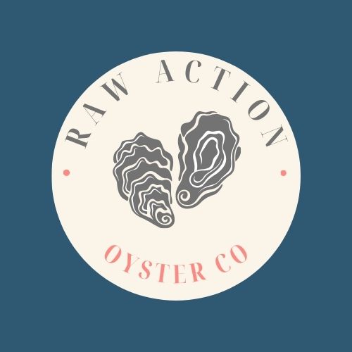 Raw Action Oyster Co - Logo with two illustrated oysters on a teal backdrop.