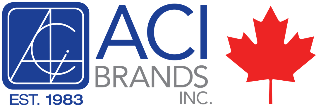 ACI Brands INC. Est. 1983, blue text logo with red maple leaf.