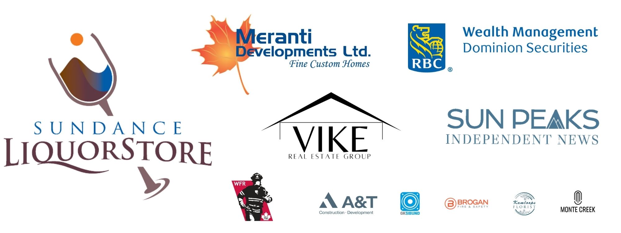 Sundance Liquor, Meranti, RBC Wealth Management, Vike, Sun Peaks Independent News, WFR, A&T, GK Sound, Kamloops Florist, Brogan, Monte Creek Winery
