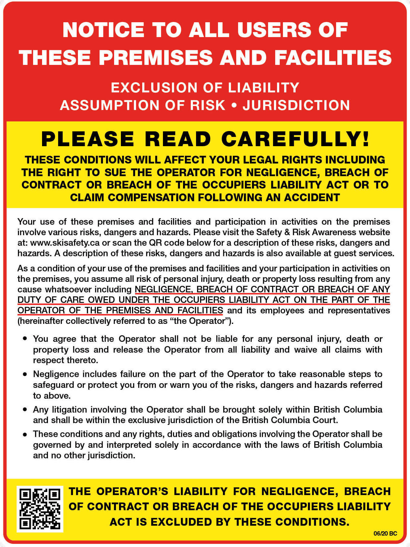 Exclusion of Liability Assumption of Risk Sun Peaks Resort