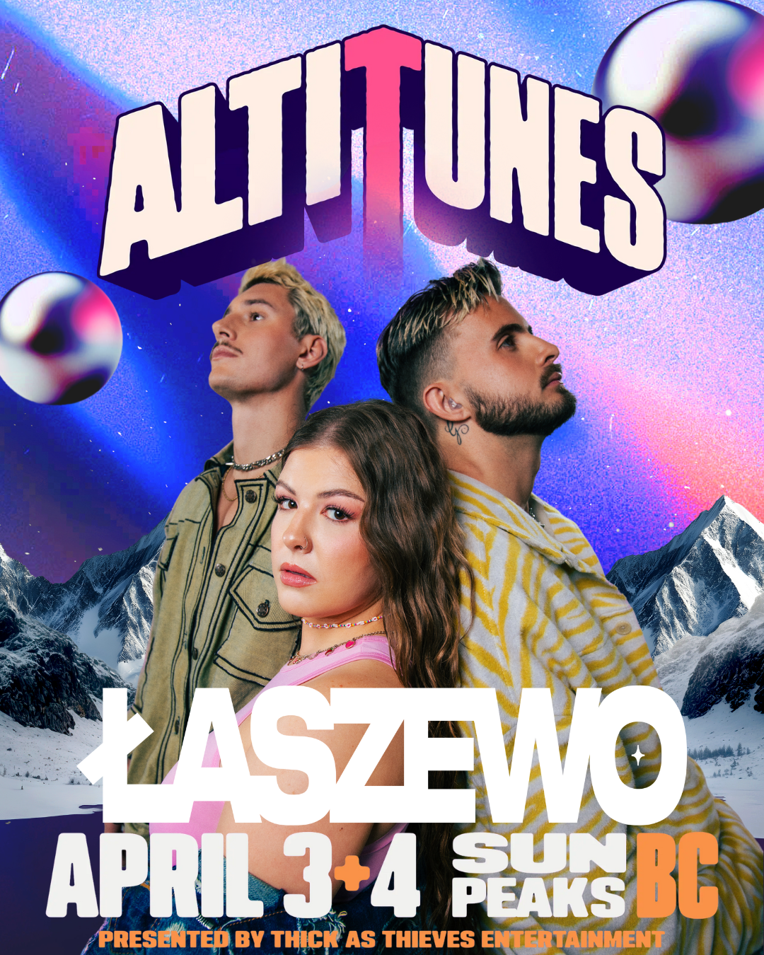 AltiTunes Laszewo - April 3 + 4 Sun Peaks BC. Presented by Thick as Thieves Entertainment. Three person band in front of a purple magical mountain landscape.