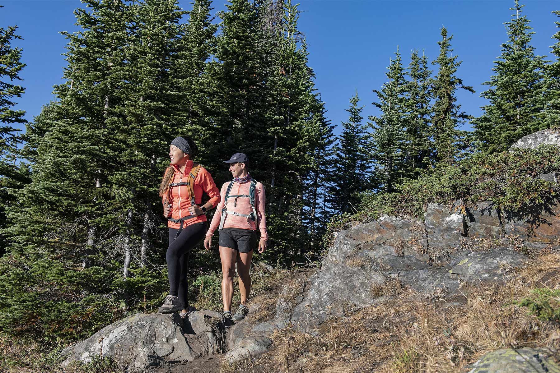 Two hikers on a rocky trail 