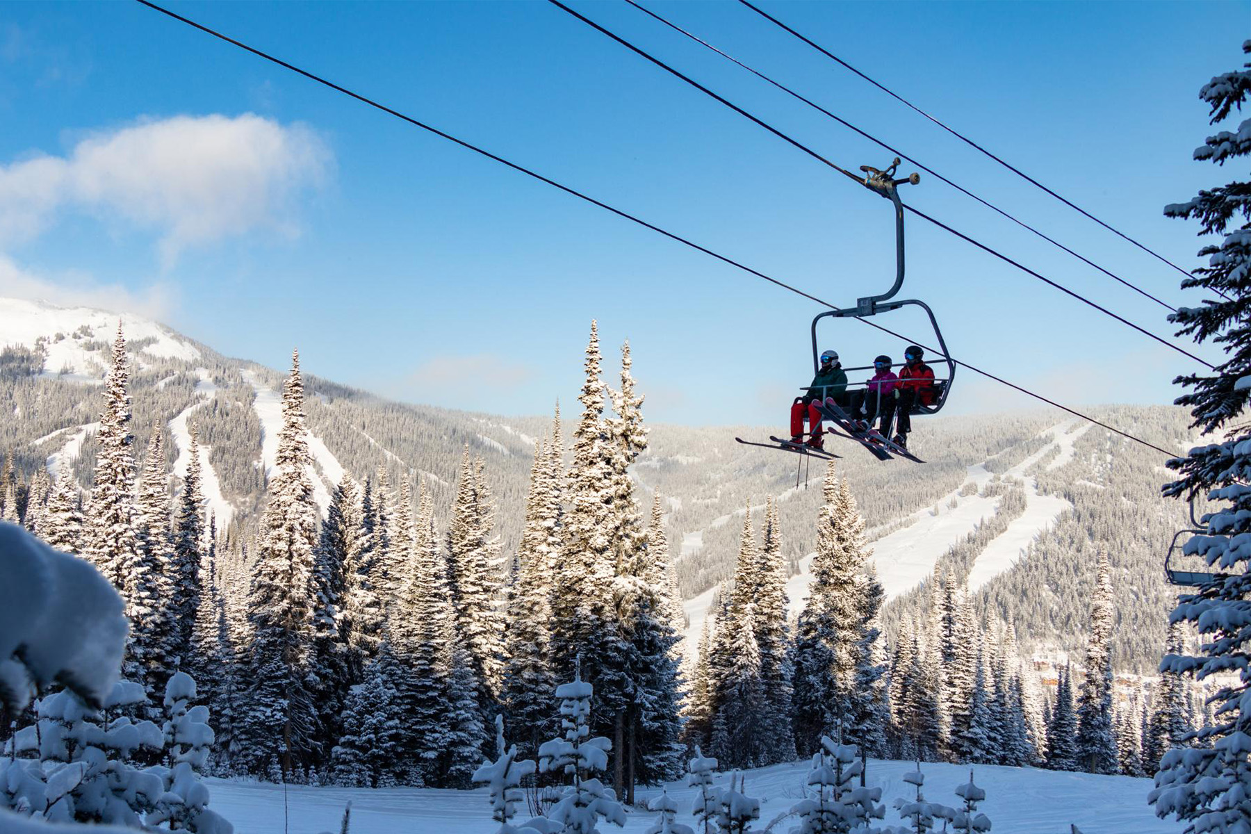 family riding morrisey chairlift in sun peaks