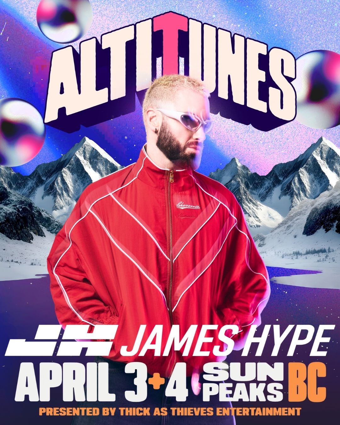 AltiTunes LJH James Hype - April 3 + 4 Sun Peaks BC. Presented by Thick as Thieves Entertainment. Man in a red jacket in front of a purple magical mountain landscape.
