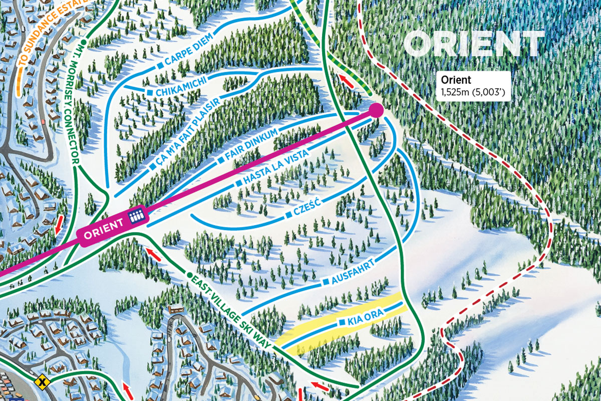 Map of the Orient chairlift area featuring the new run, Kia Ora.