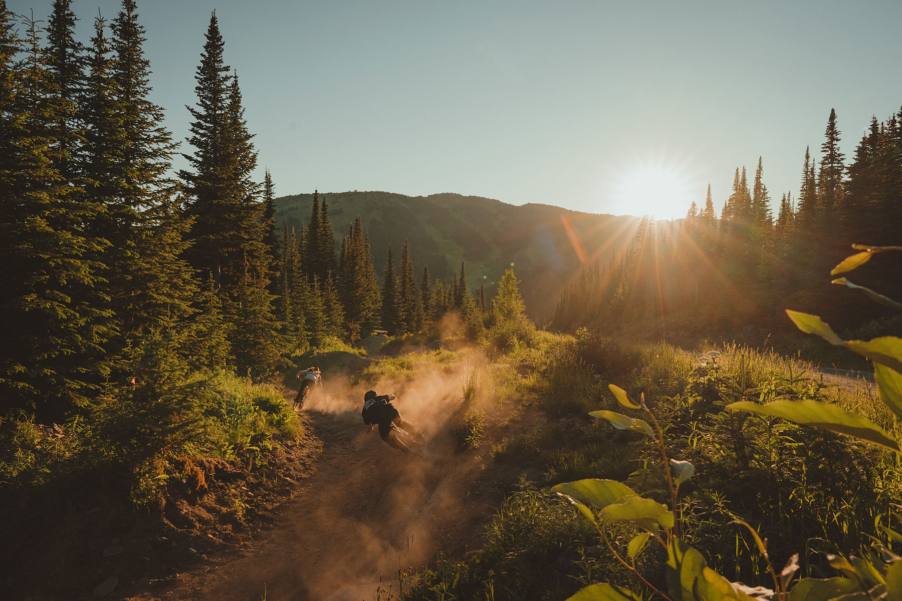 Two mountain bikers riding at sunset on Sundance mountain in Sun Peaks
