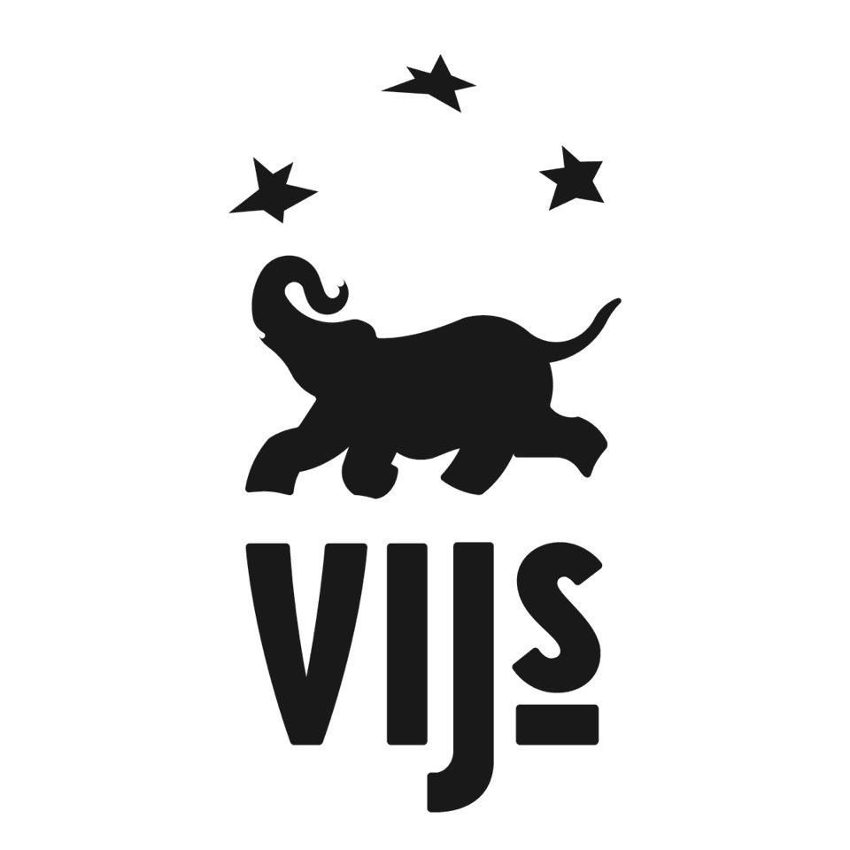 VIJs logo with black elephant and three stars.
