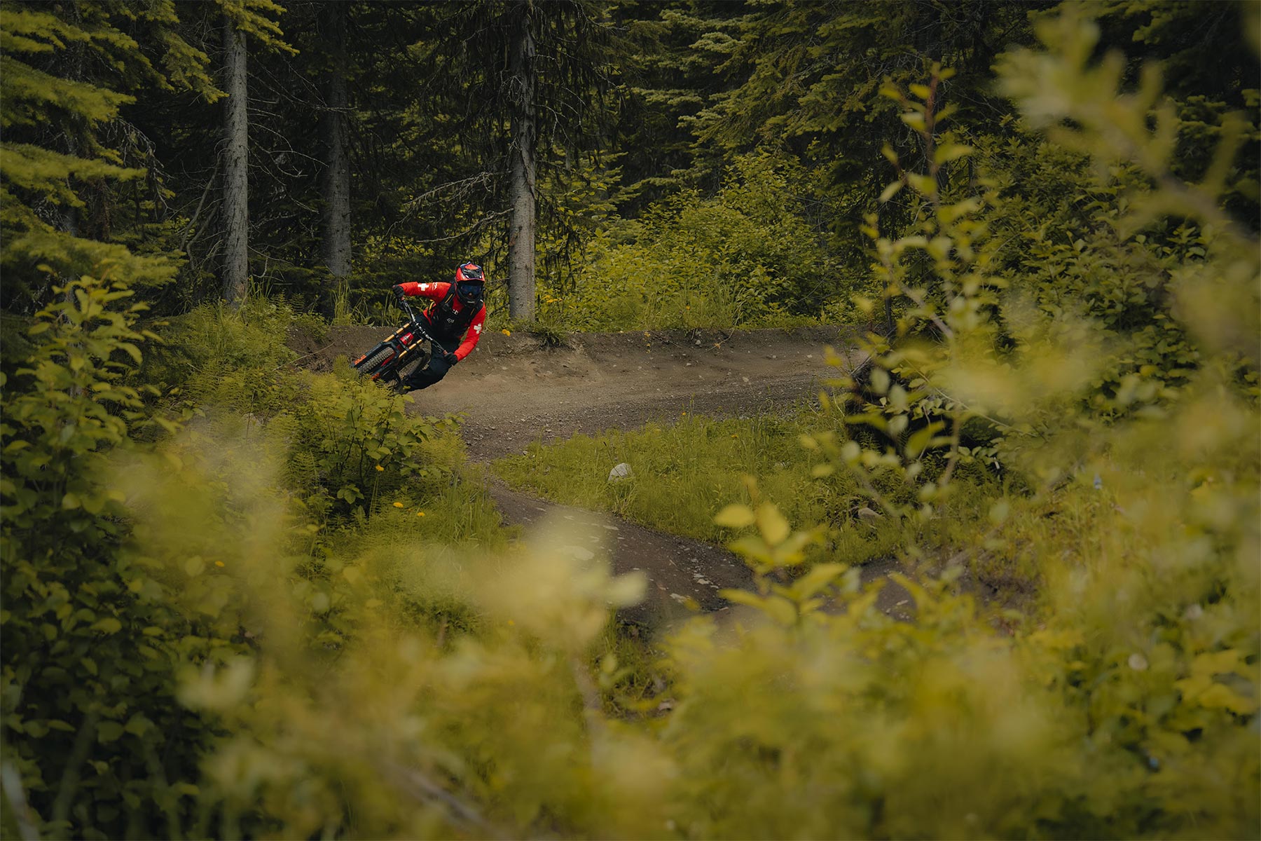Patrol biker hitting a berm with lush greenery around him.