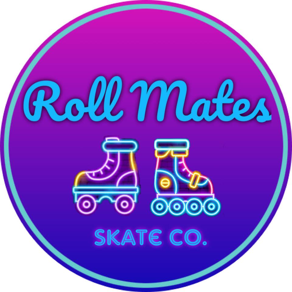 Roll Mates Skate Co. Purple Circle with blue texts and neon roller blades.