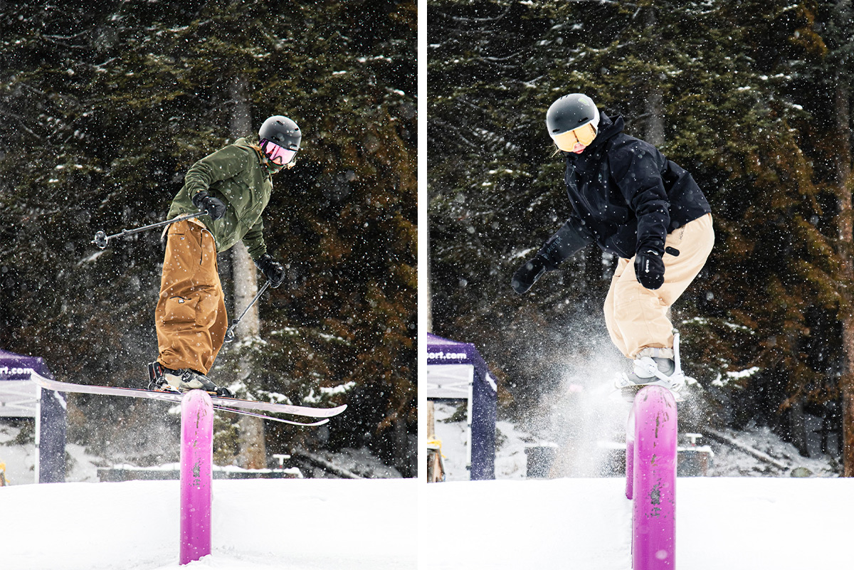 A photo of a skier riding a rail next to a photo of a snowboarder riding a rail.