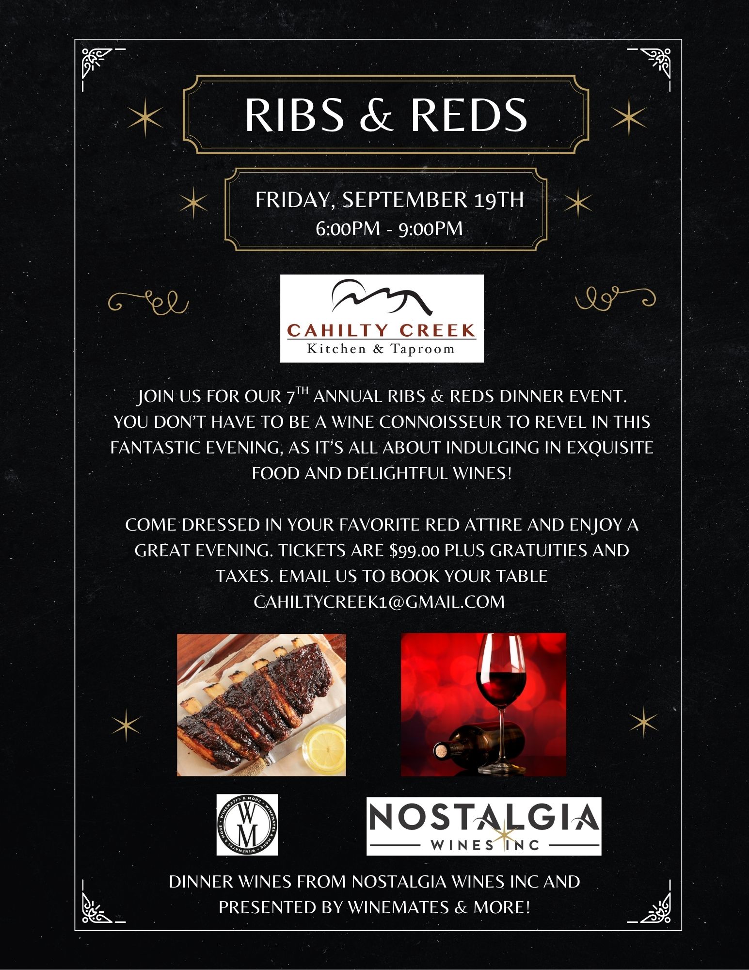 event poster for ribs and reds