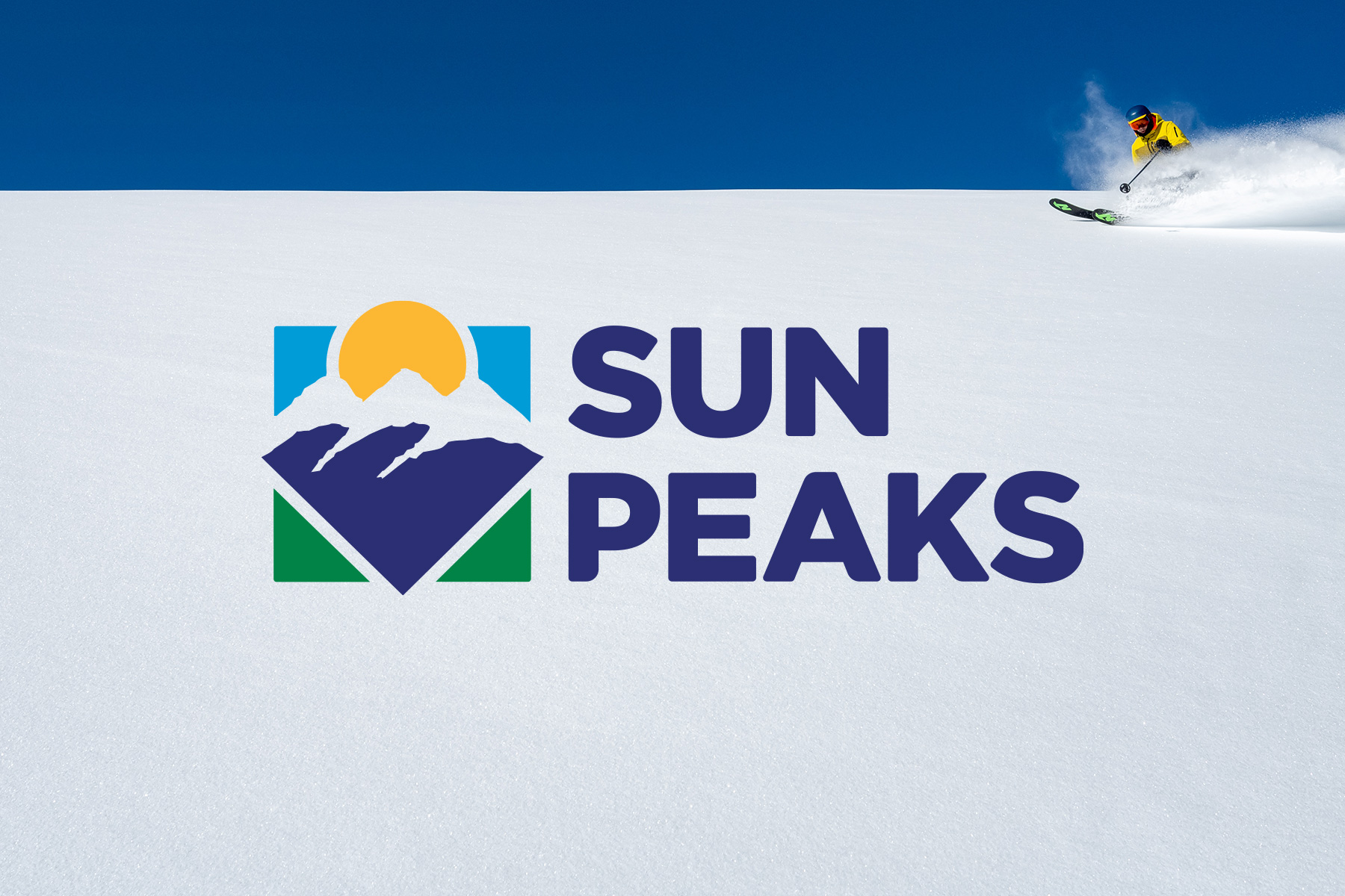 New Sun Peaks Logo Overlaid on Skier in Powder