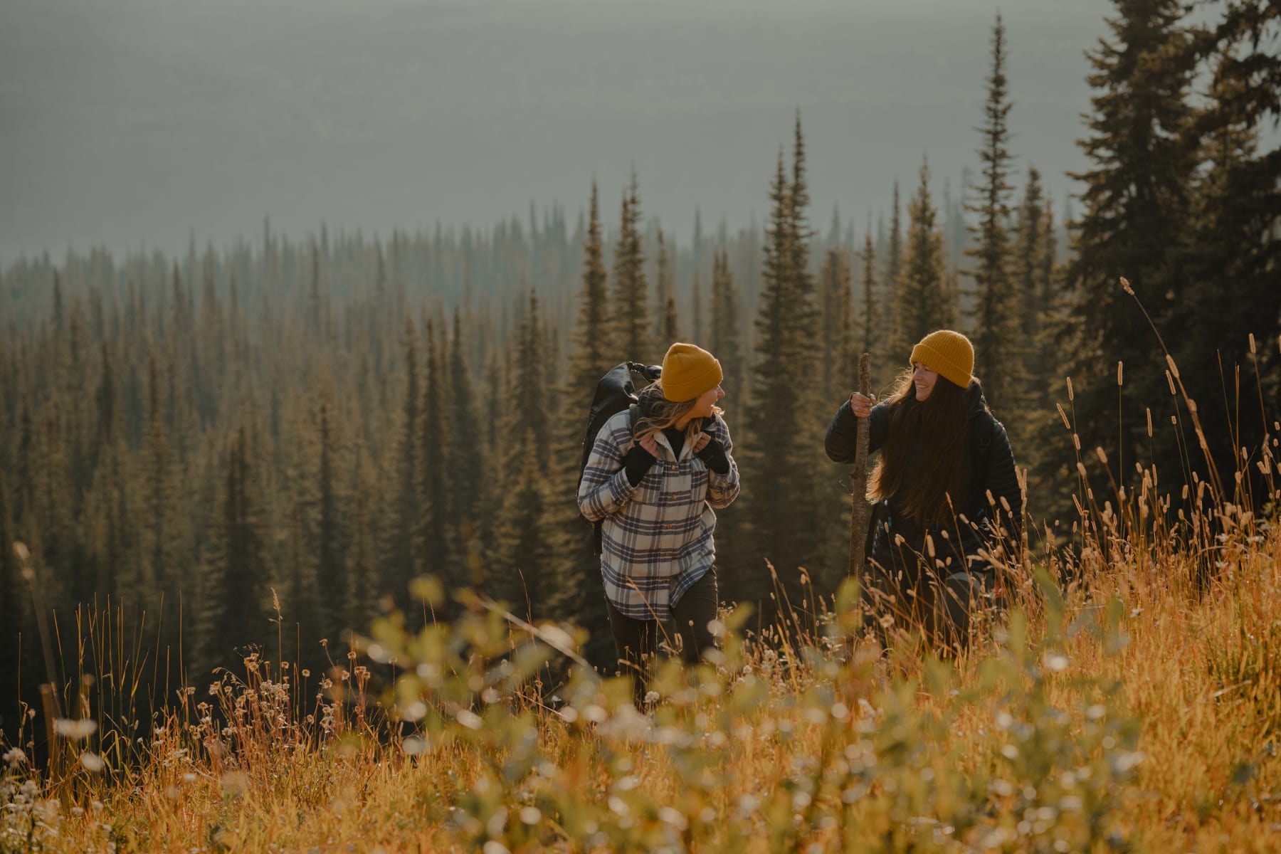 Two women in yellow hats hiking at Sun Peaks in a forest.