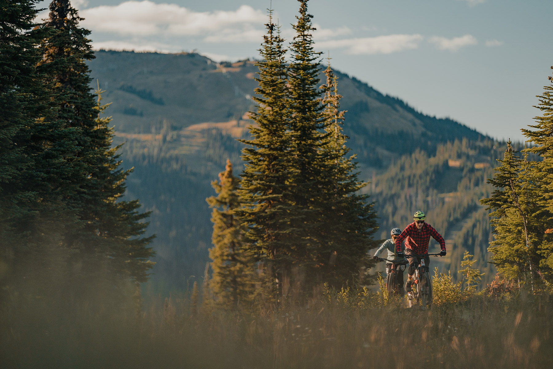 Mountain bikers riding on Mt. Morrisey with Tod Mountain in background