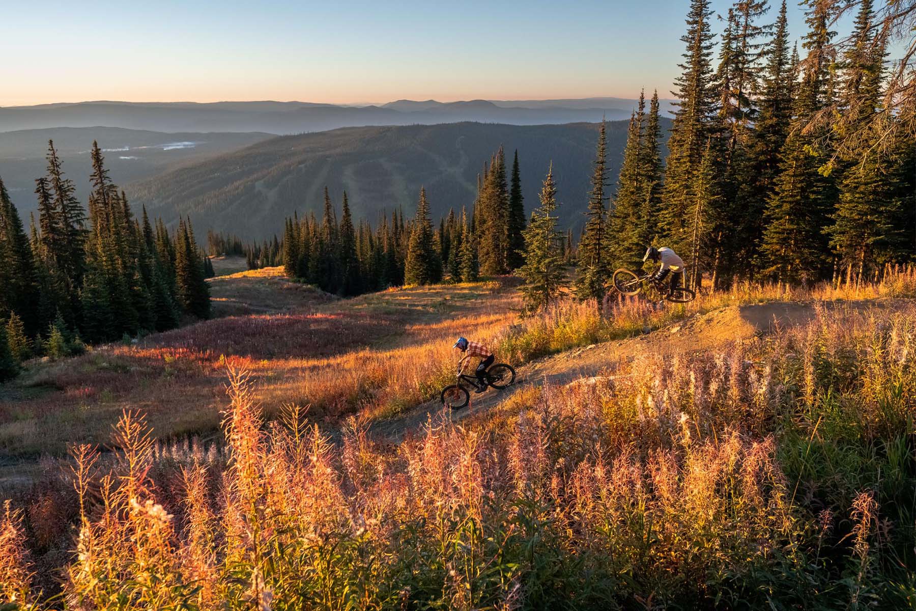 Two bikers, one hitting a side jump above a green and yellow meadow and valley at golden hour.