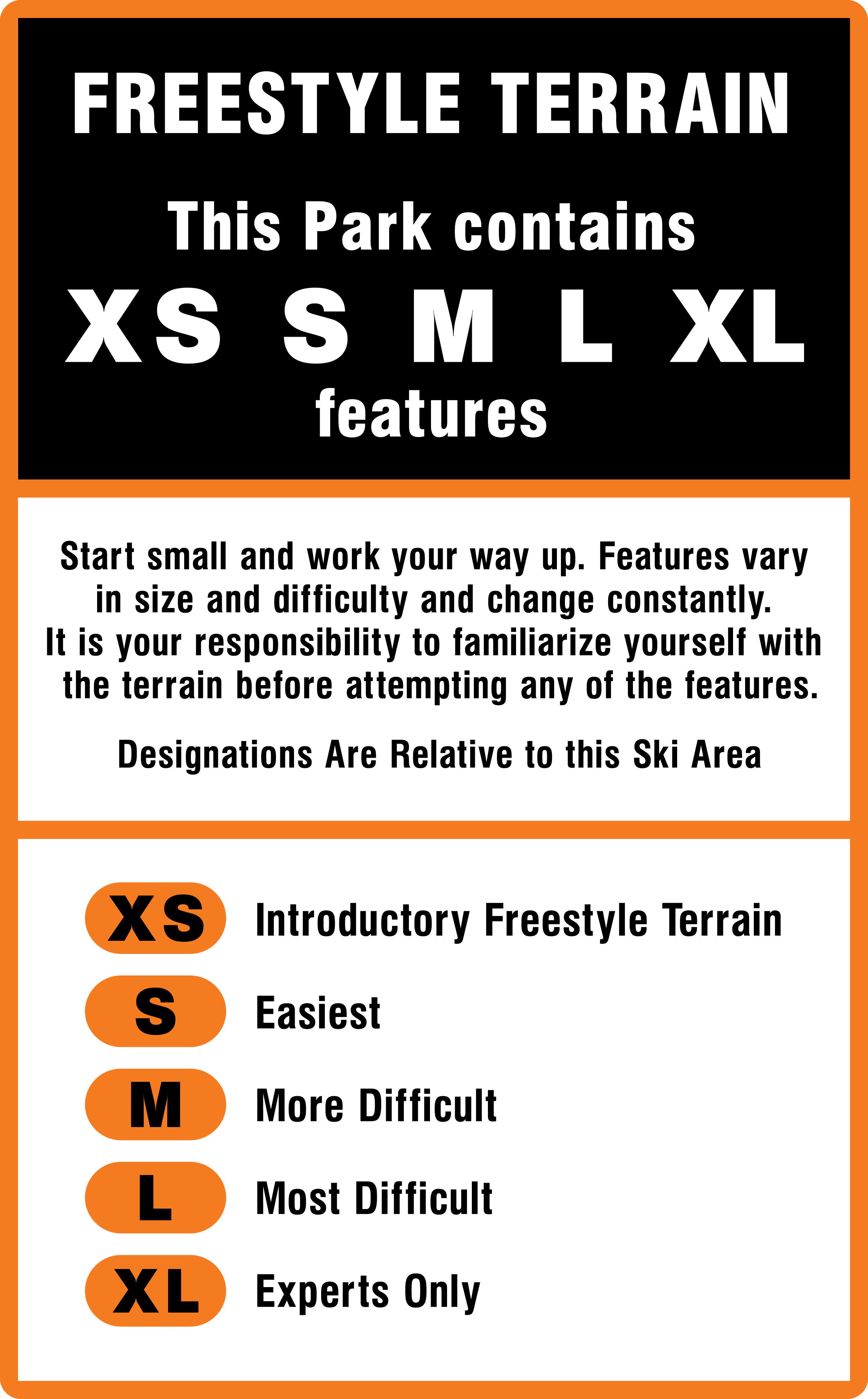 Freestyle terrain skill levels from XS to XL, indicating difficulty.