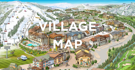 Illustrated map of a mountain village with words Village Map over top