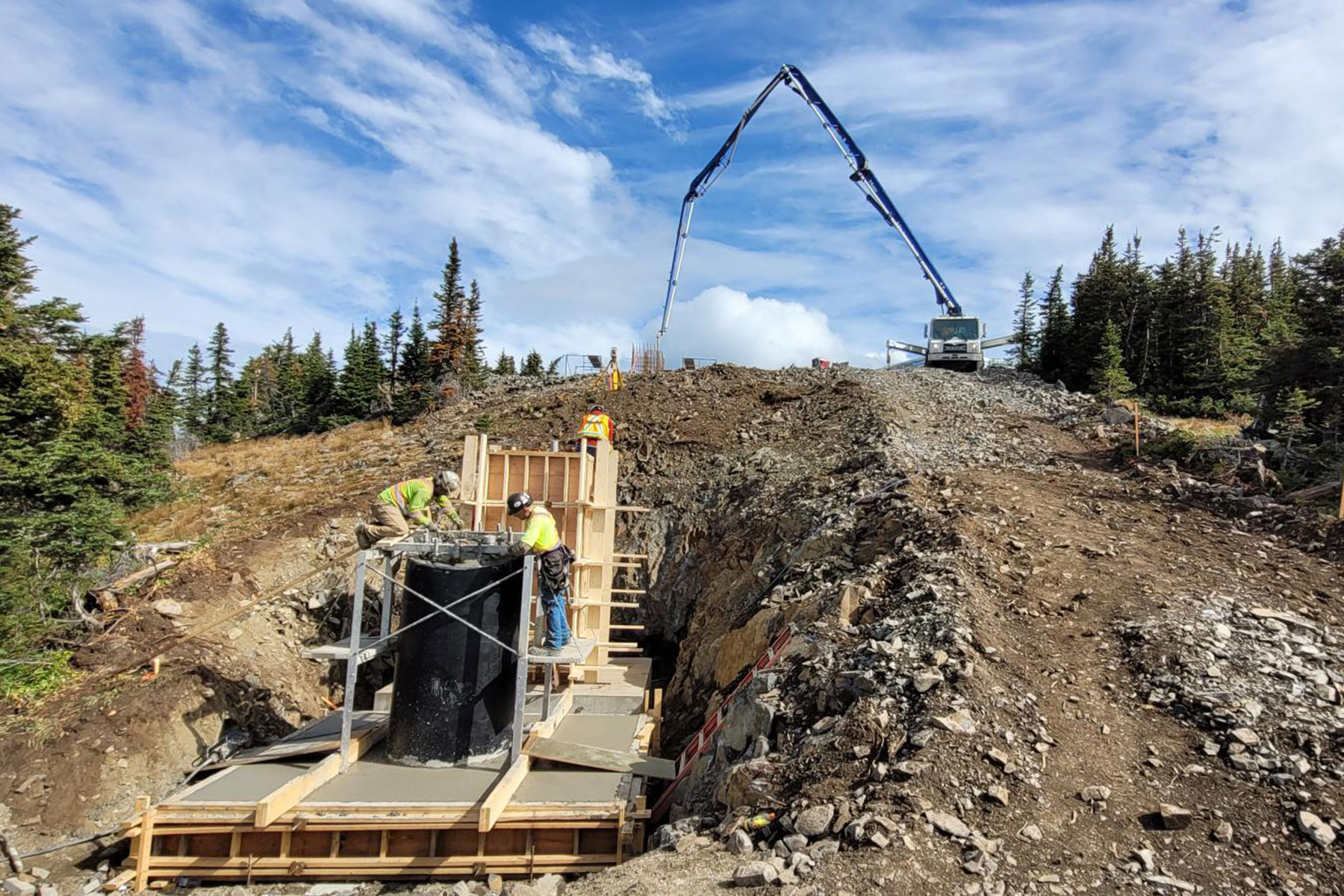 Construction of chairlift tower foundations.