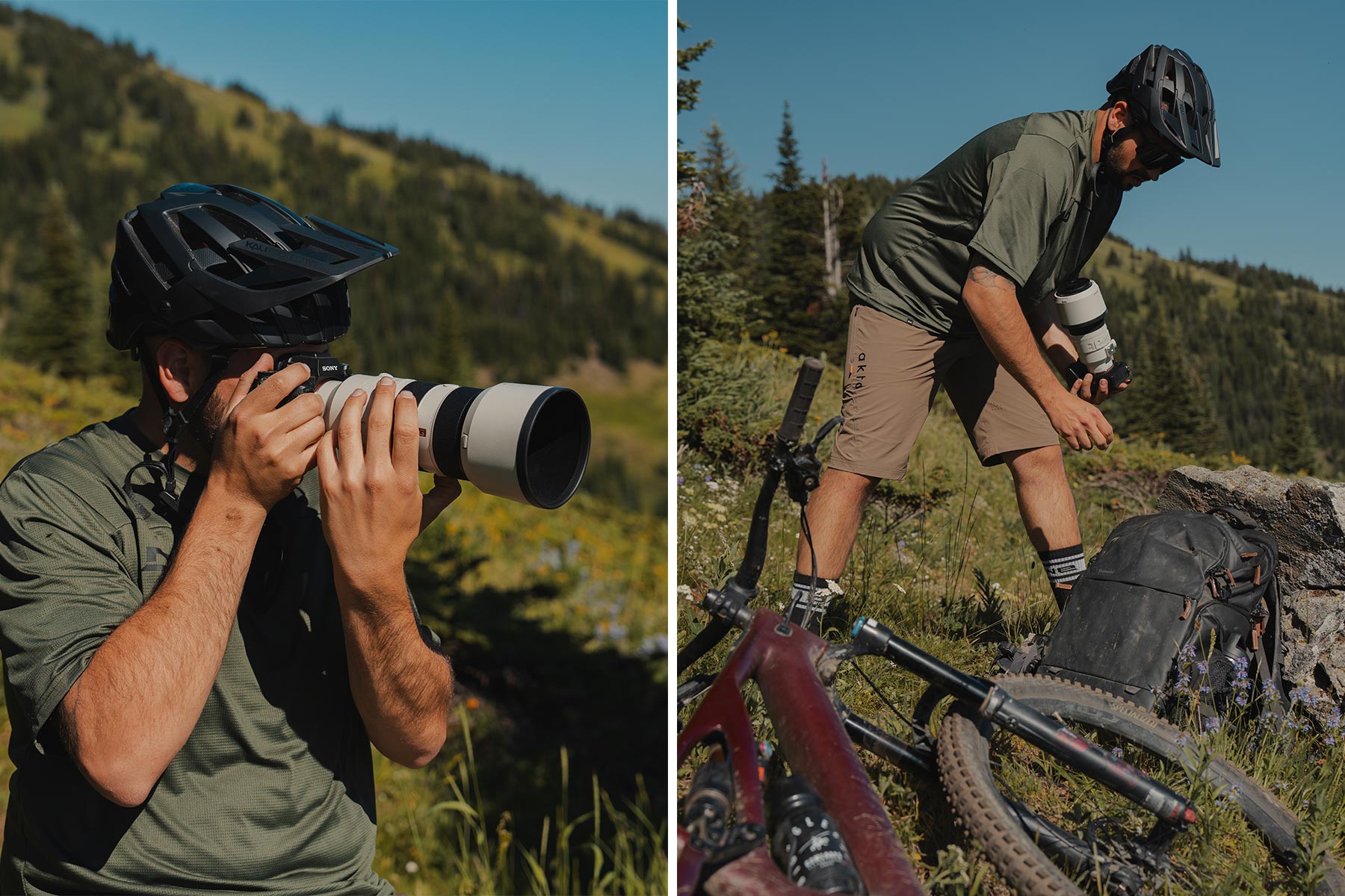 Two side by side photos of a photographer getting his camera out of his backpack and lining up a shot.