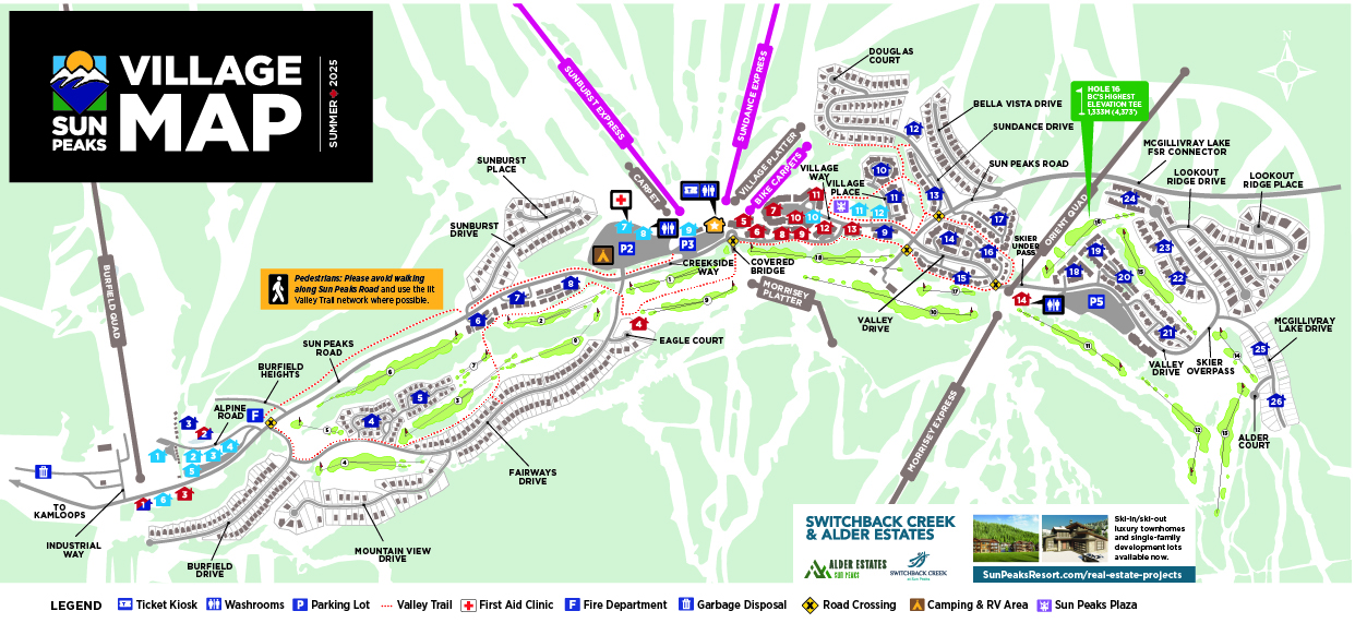 Text: SUN PEAKS VILLAGE MAP. 2025 summer village map