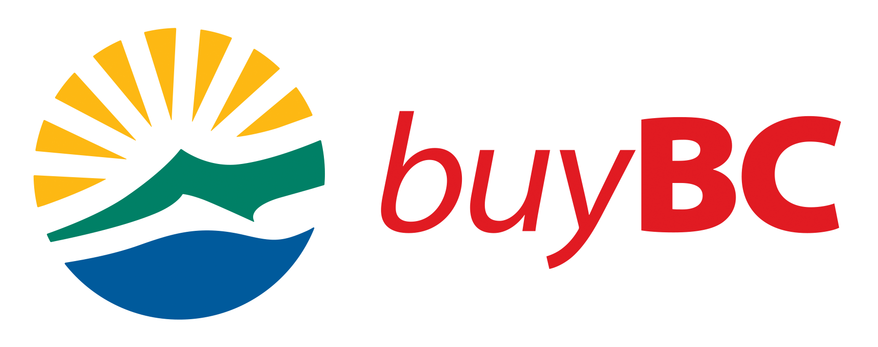 BuyBC in red with a Sun, mountain, and water logo.