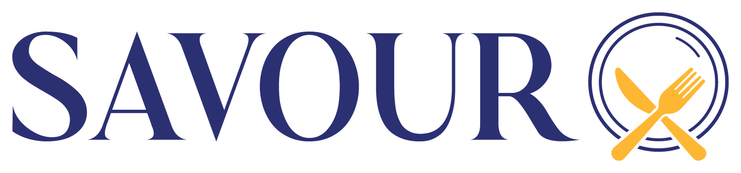 SAVOUR with yellow fork and knife over a blue plate logo. 