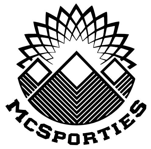McSporties Logo. Text reads "McSporties." Black and white logo showing artistic mountains 