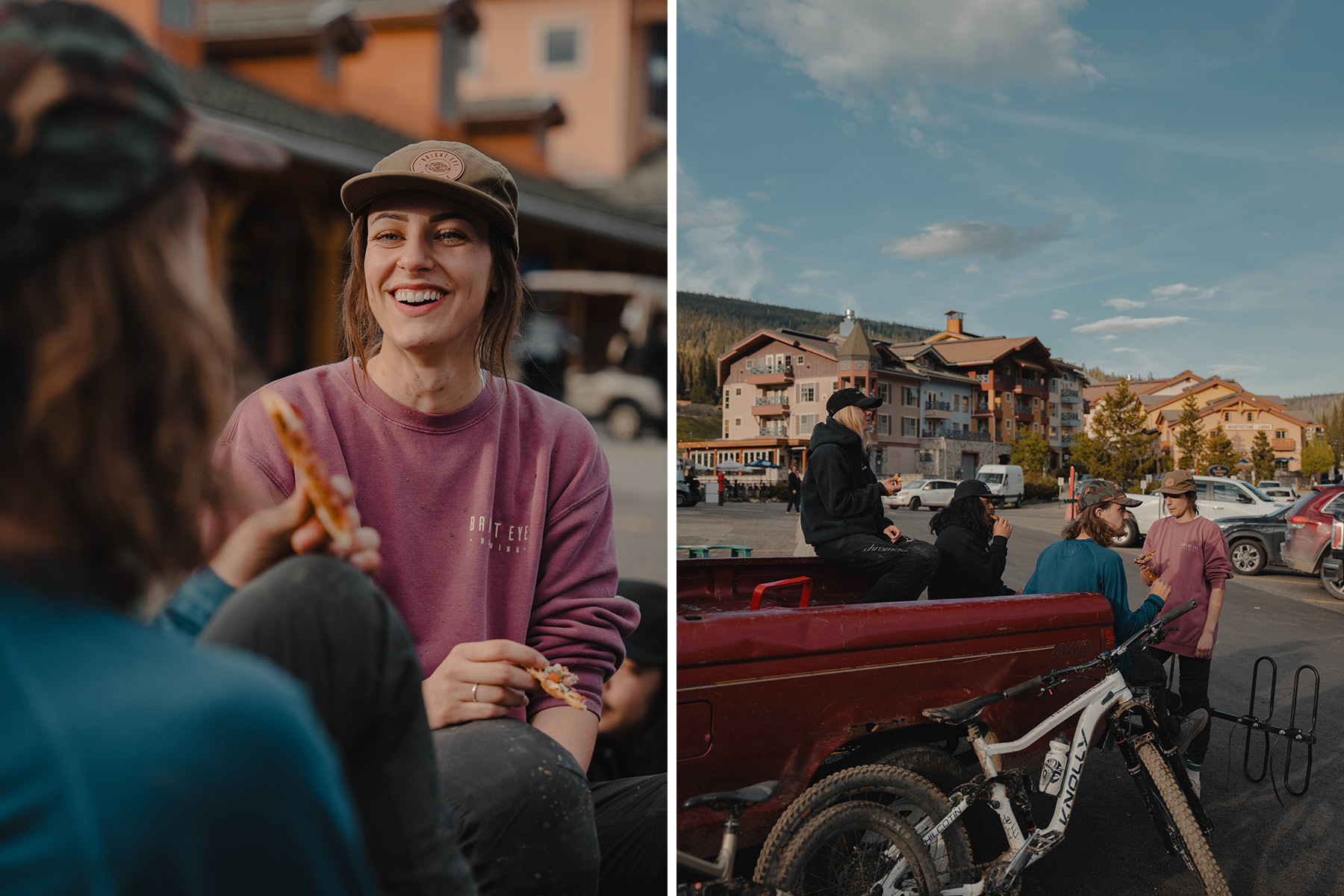 Two side by side photos of four people sitting on the back of a red pickup truck in the Sun Peaks village parking lot  with bikes leaned next to it.