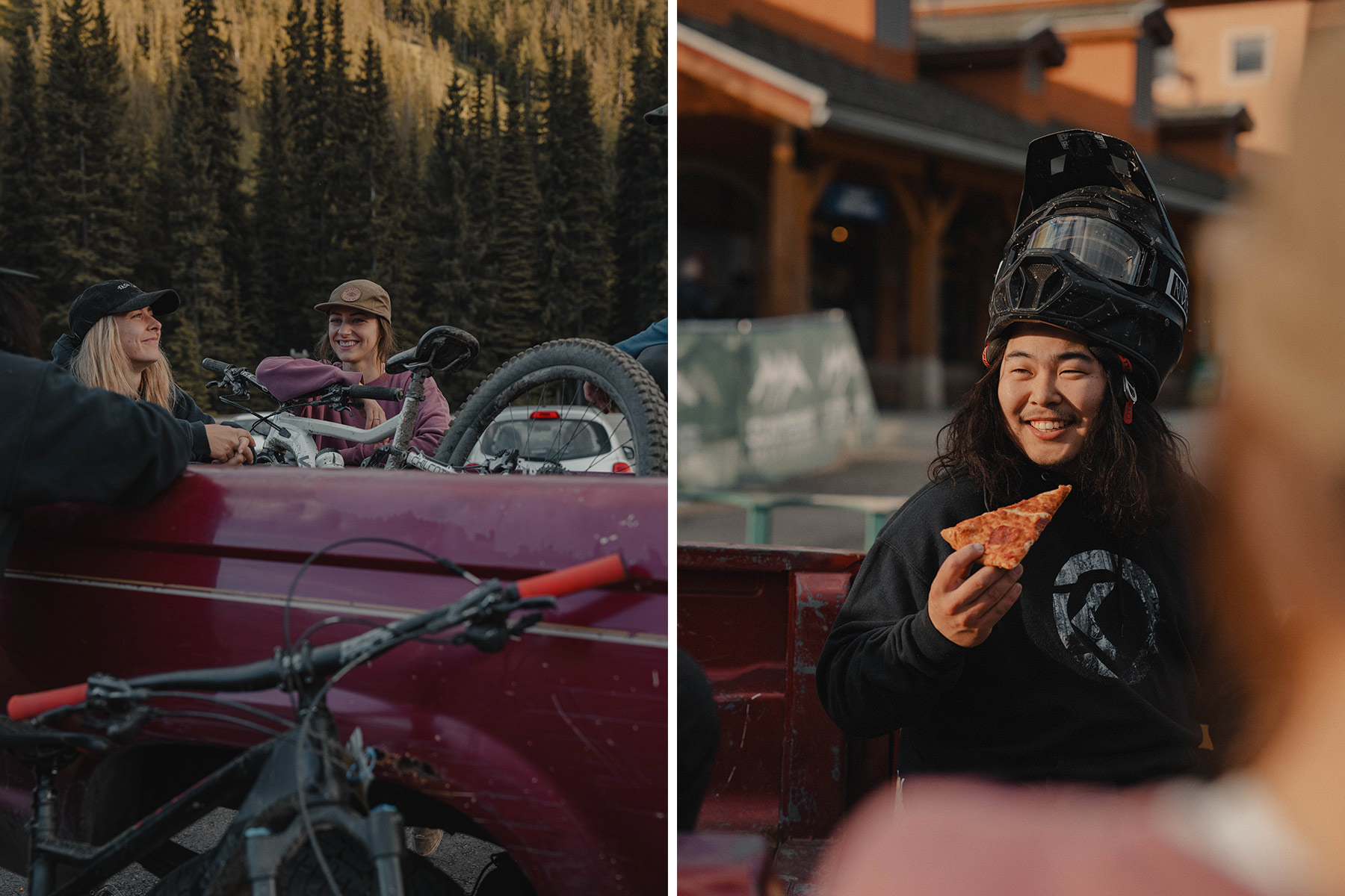 Two side-by-side photos of two women and a man smiling while tailgating with pizza.