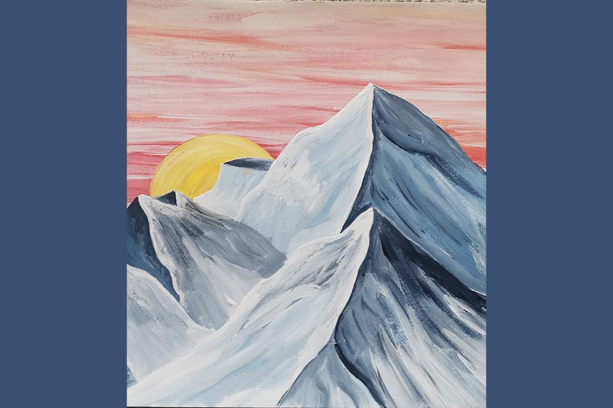 Thee alpine peaks with the sun rising behind them and a pink sky overhead 