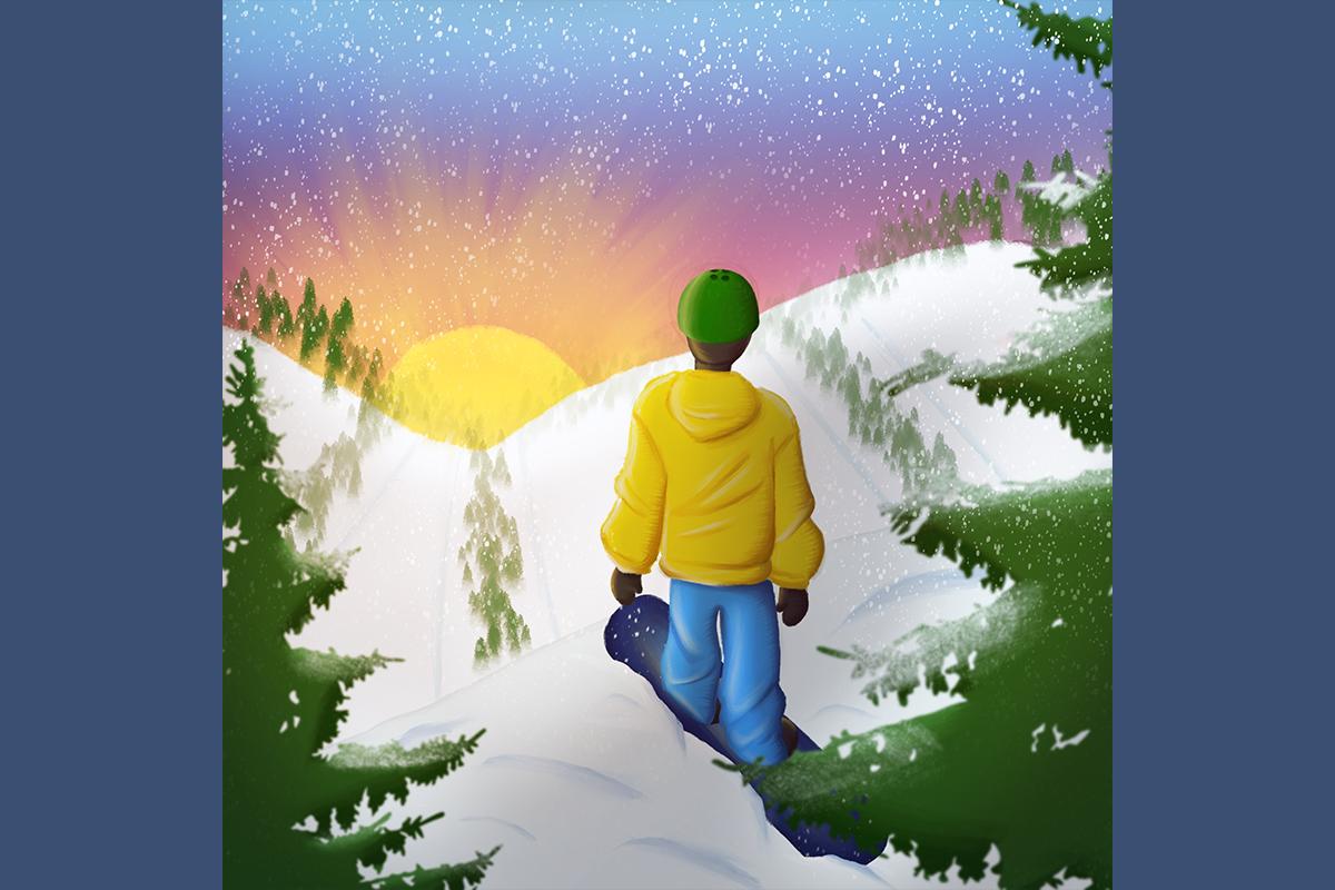 A snowboarder in a yellow jacket stands in the snow in front of a golden sunset