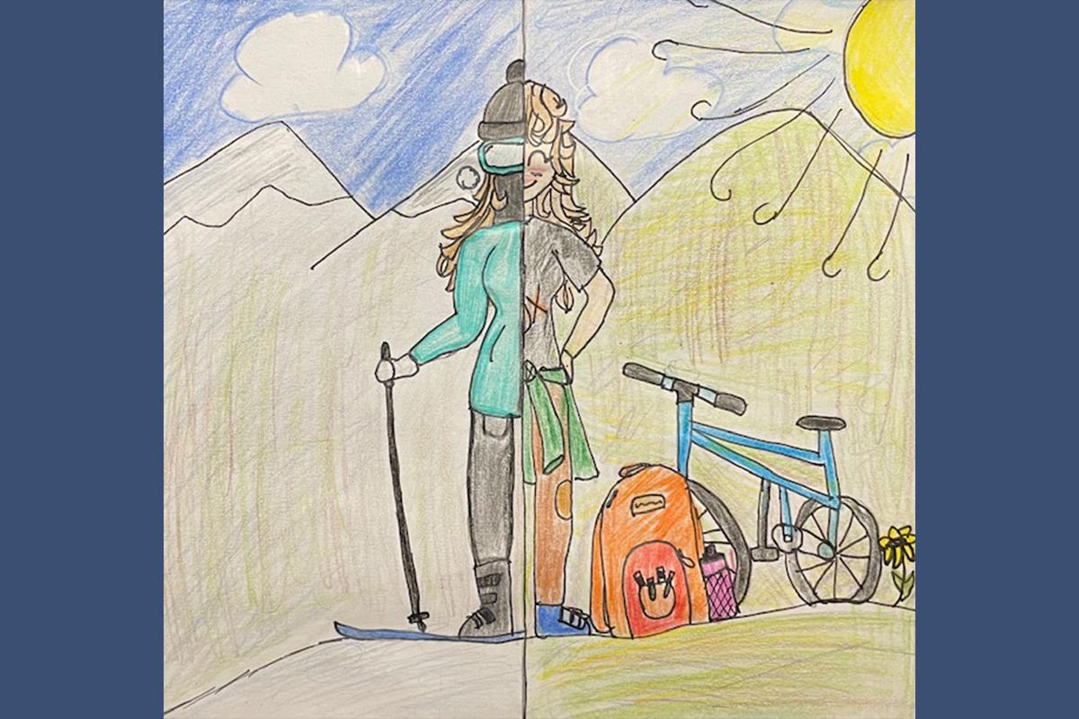 A woman standing in a half summer and half winter mountain scene 