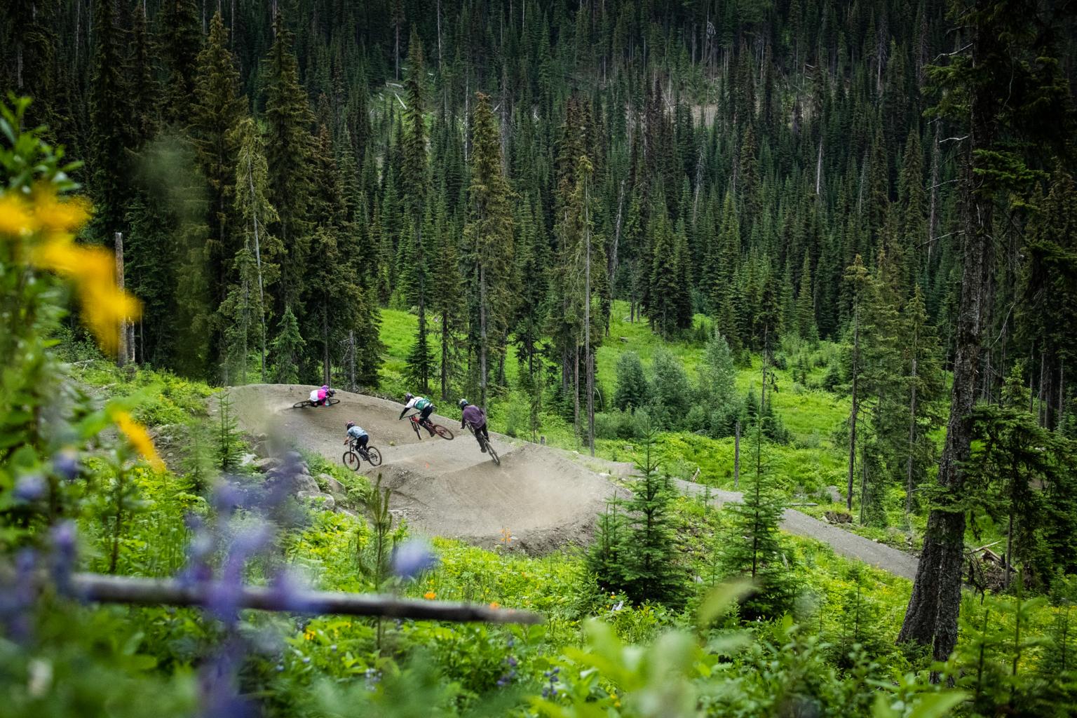 Mountain bikers riding a flow trail at Sun Peaks Resort