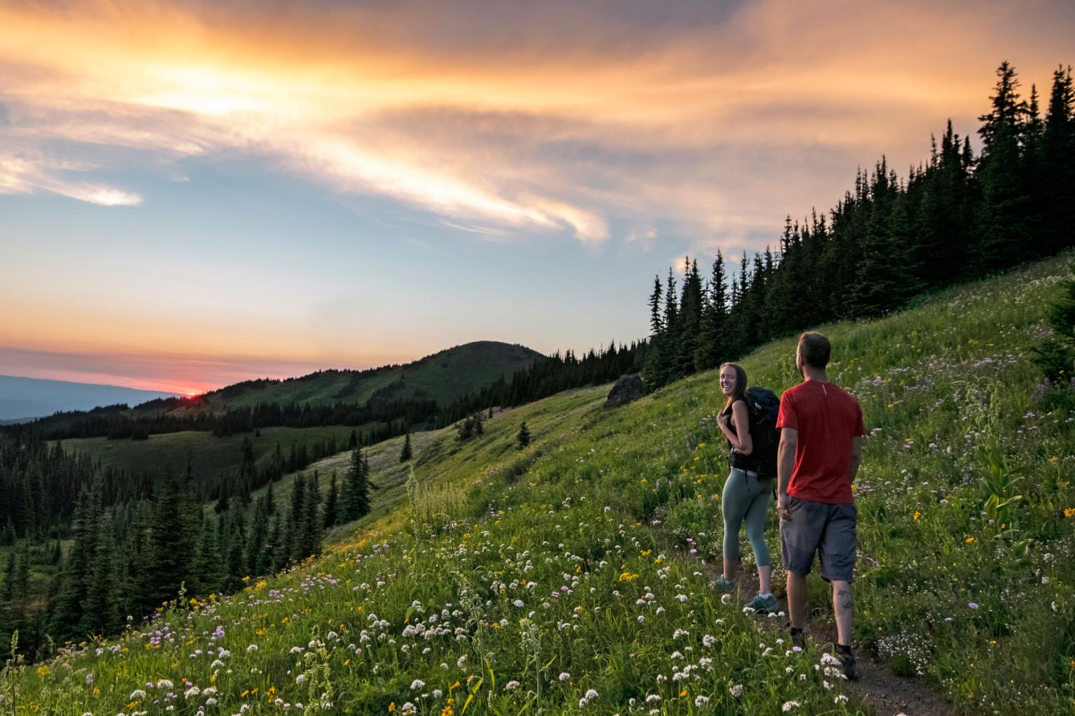 Two people walking up a hiking trail with a bright sunset in the background and trees and mountains in the distance