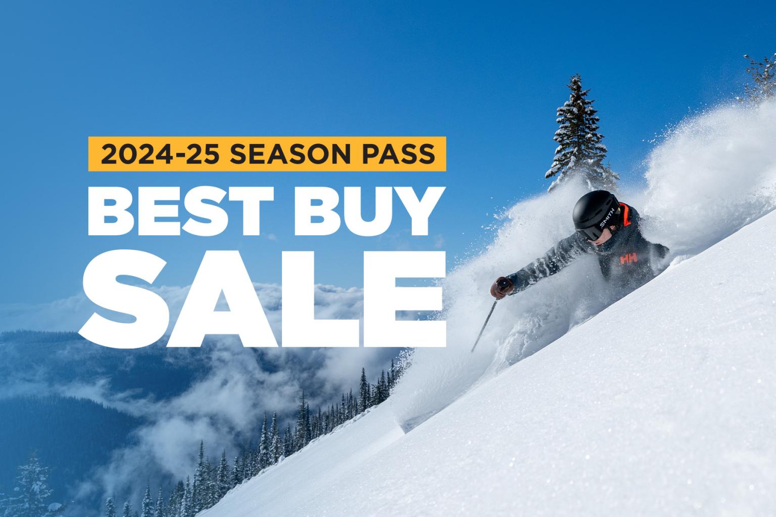 A skier riding in powder with trees and mountains in the background and 'Best Buy' messaging on the picture