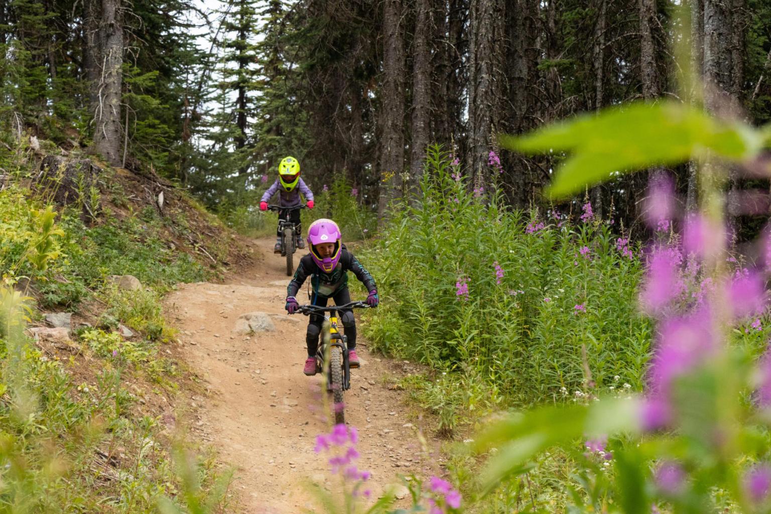 Two bikers riding on a trail surrounded by trees