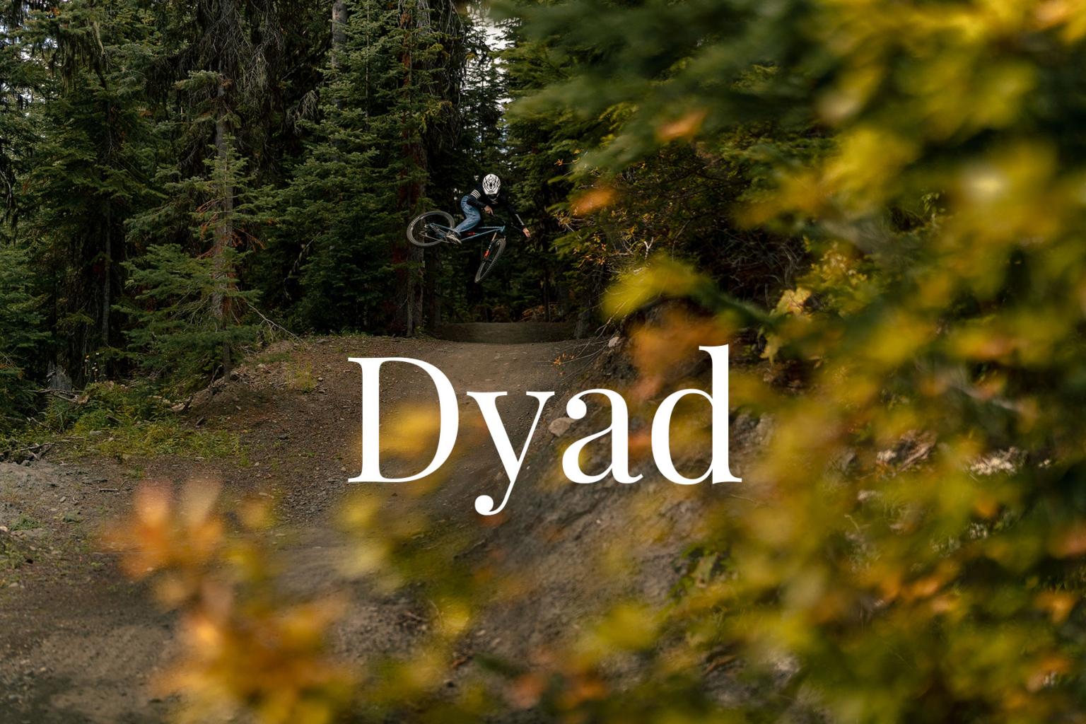 DH Biker riding a jump in the Bike Park with 'Dyad' promotional text.