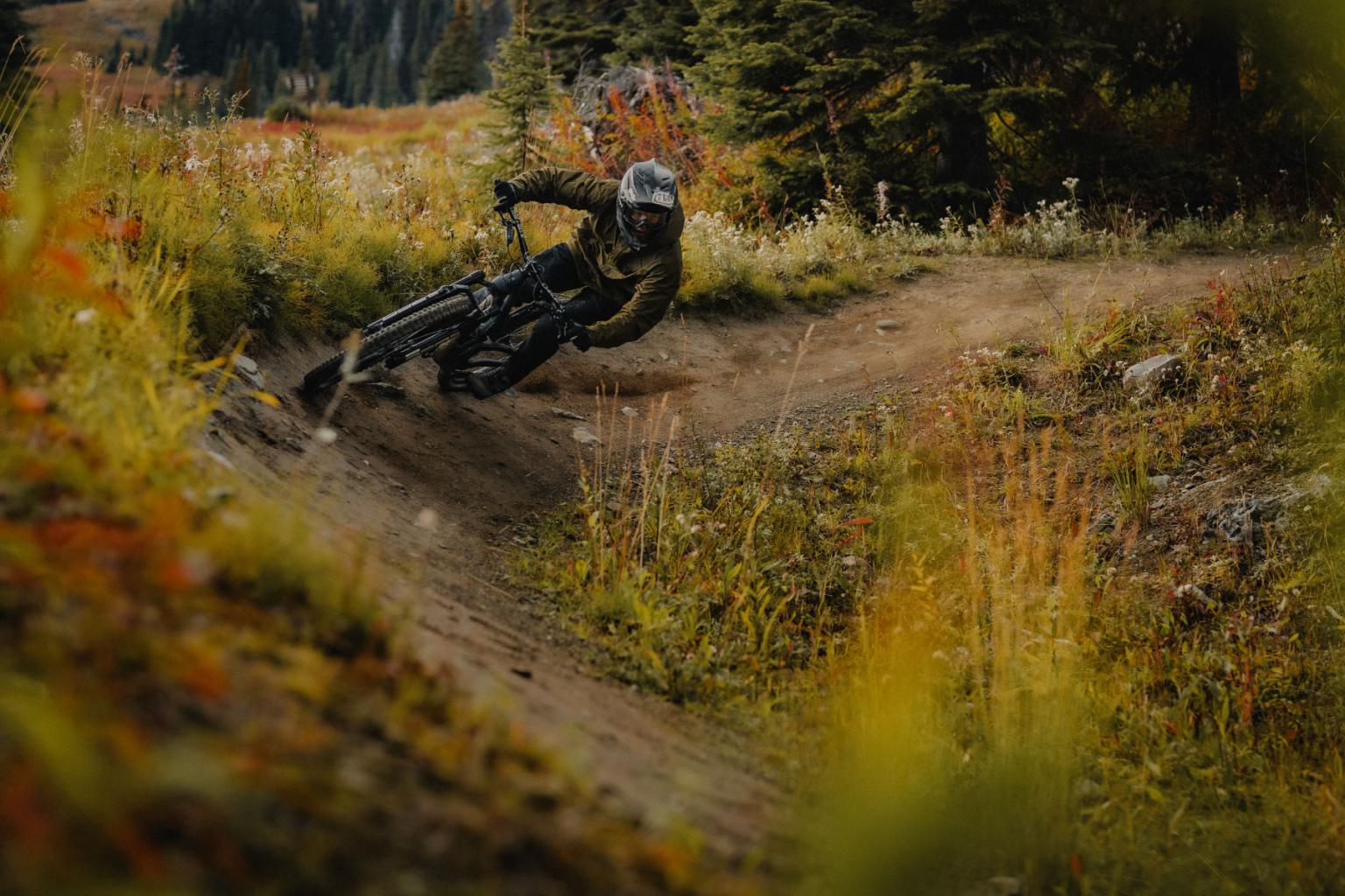 Biker riding down a trail with sunlight shining in behind him and trees around him 