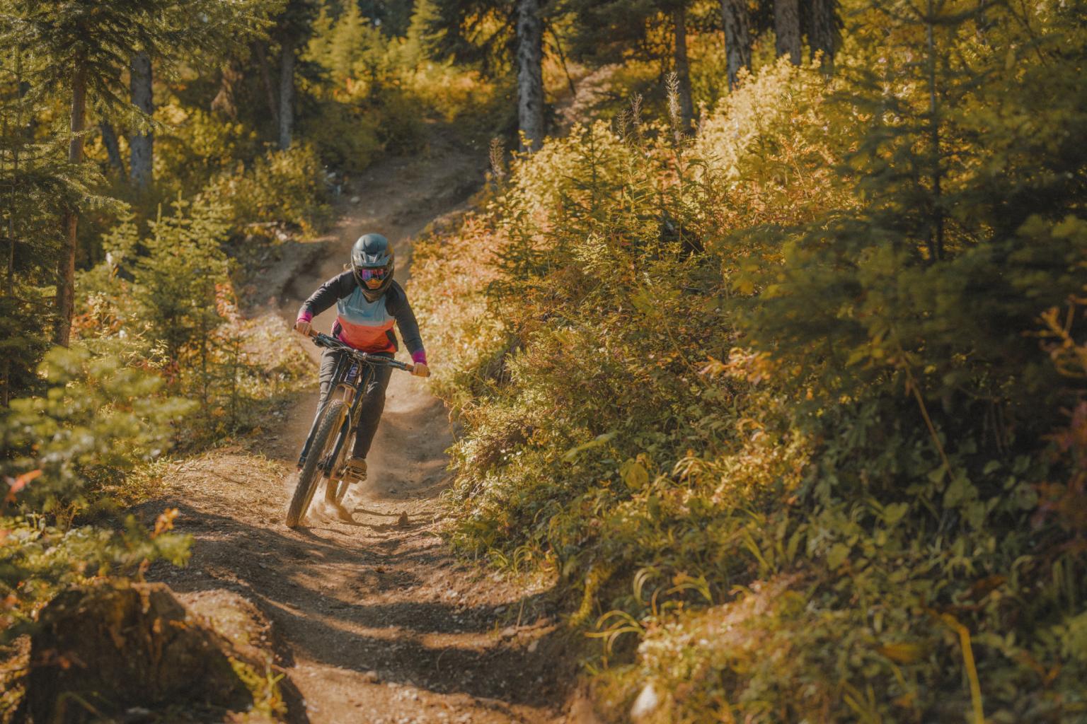 A downhill biker riding a trail surrounded by plants and trees