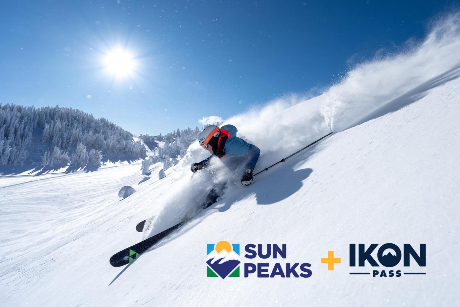Skier in fresh powder on a sunny day with Sun Peaks and Ikon Pass logo overlaid.