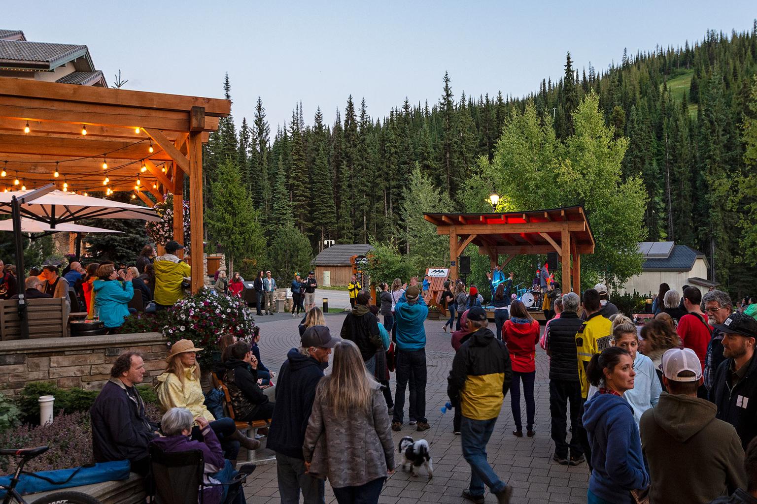 Village stage live music and patio in sun peaks
