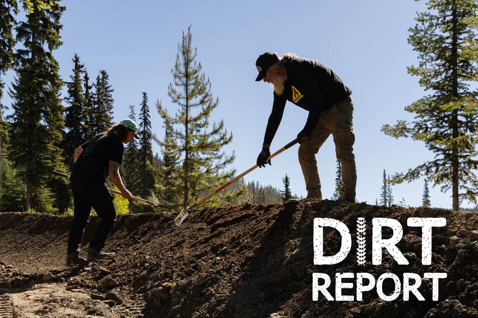Trail Crew doing trailwork, with Dirt Report logo