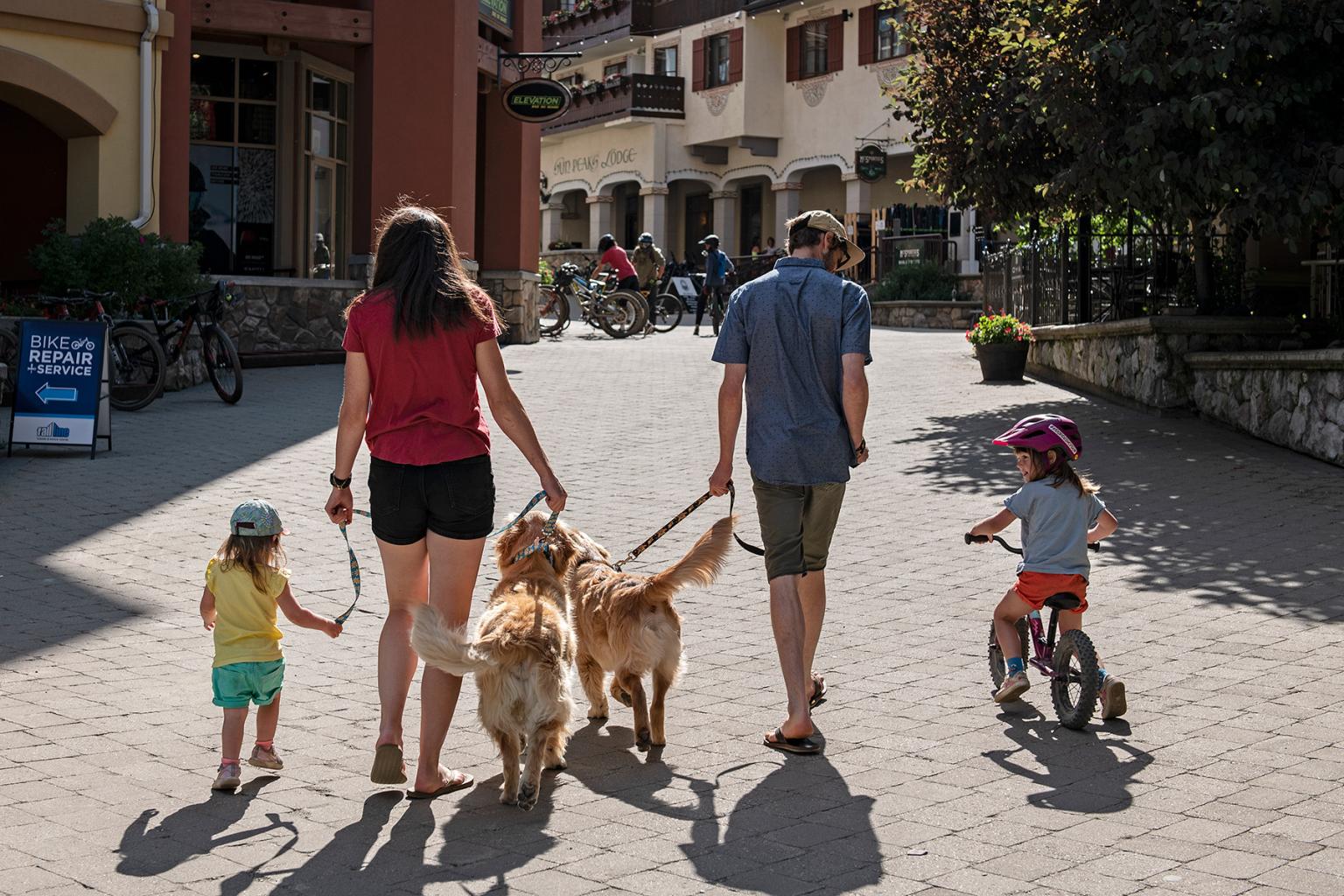 Family with two dogs walking and biking through the sun peaks village