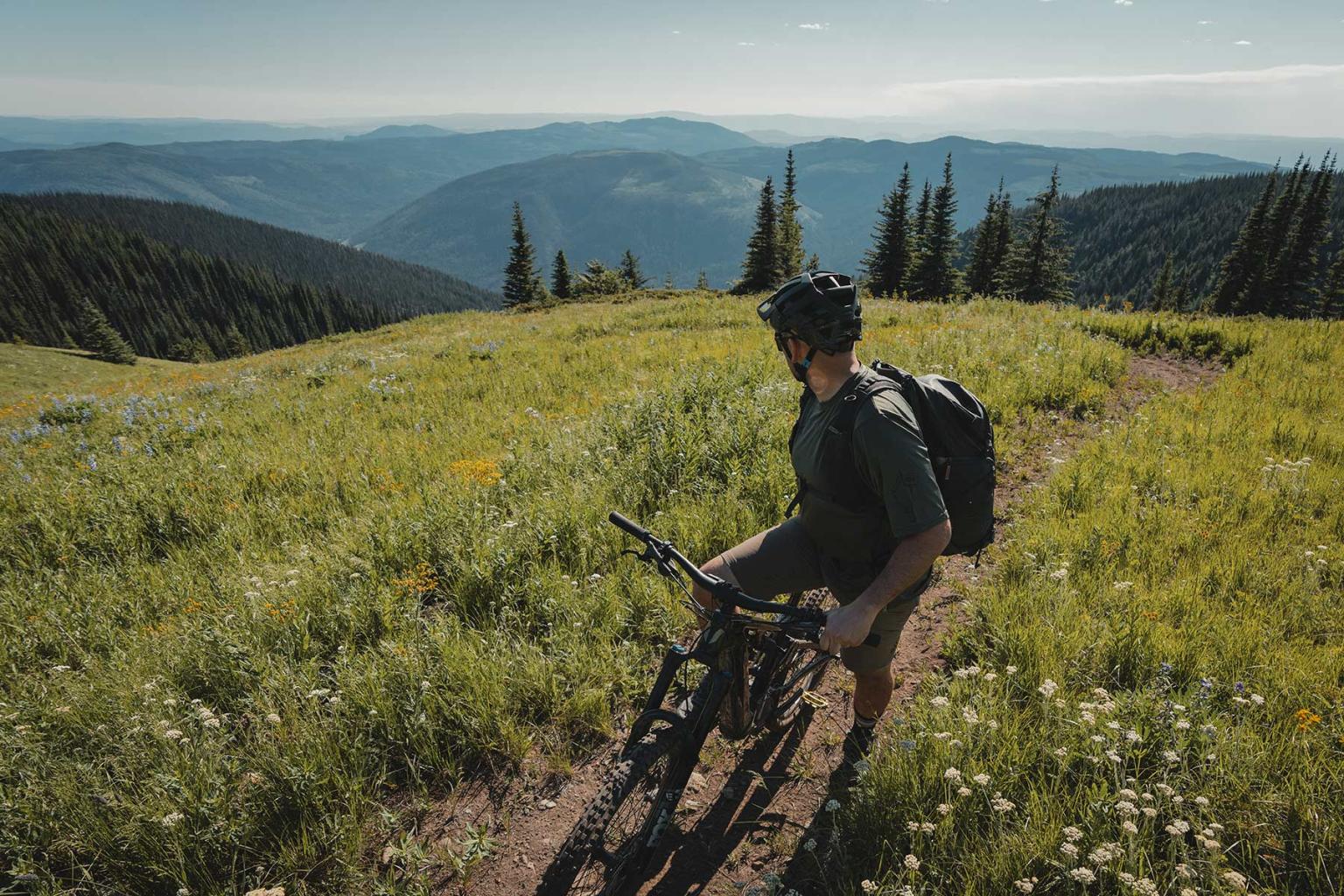 A mountain biker looks back at a wide alpine vista.